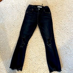 ZARA Girls black Denim jean. Sz 10. Stretchy, distressed, flare ankle.